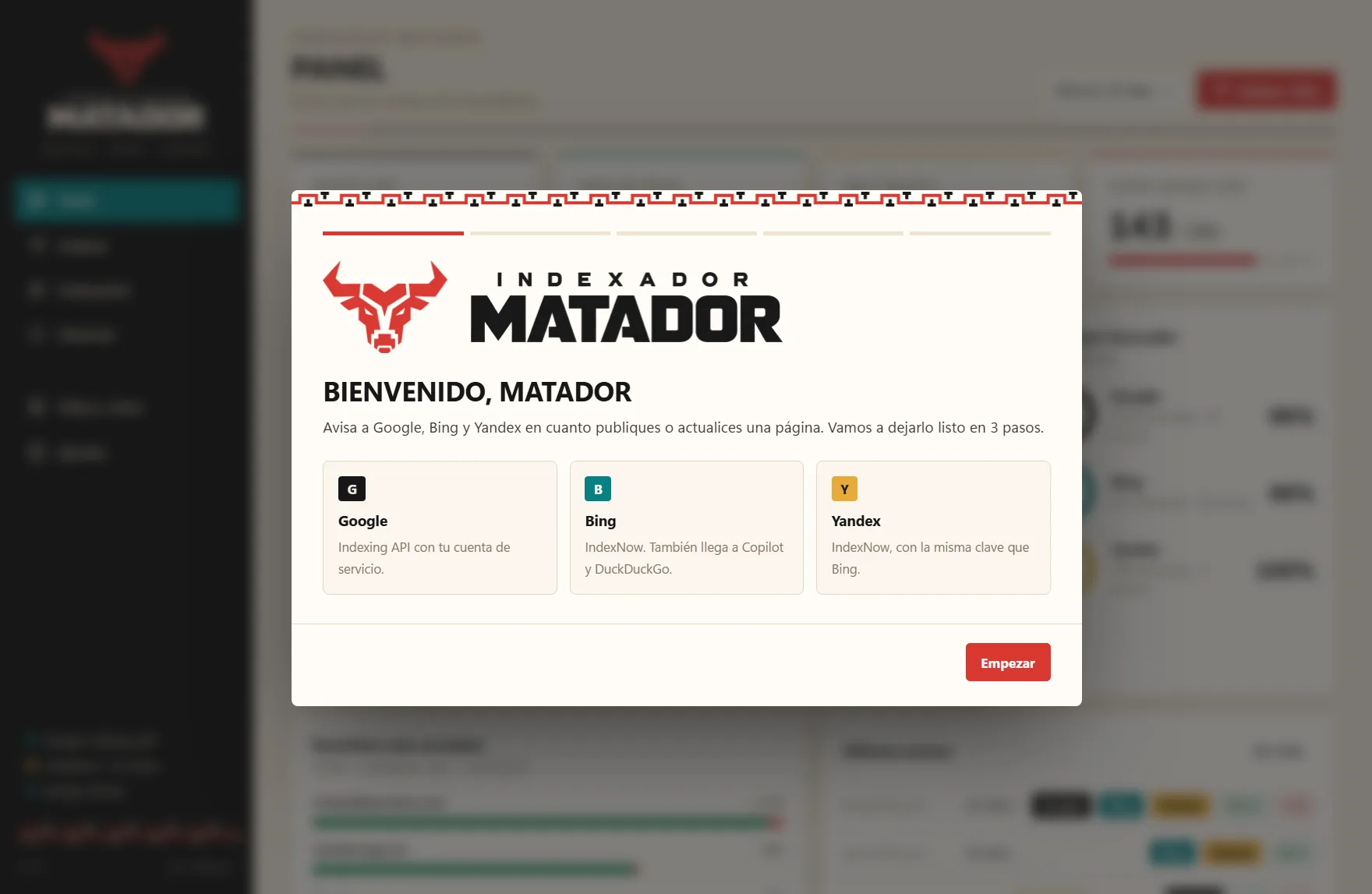 Asistente de Indexador Matador mostrando el correo de la cuenta de servicio de Google con el botón Copiar