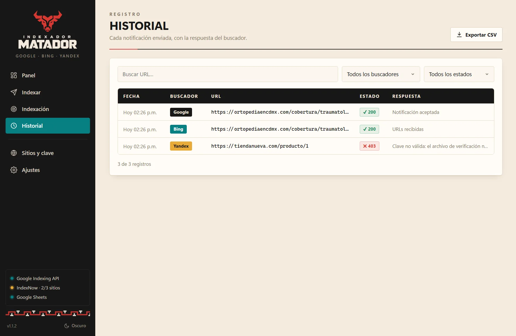 Historial de Indexador Matador con fecha, buscador, URL y estado de cada envío