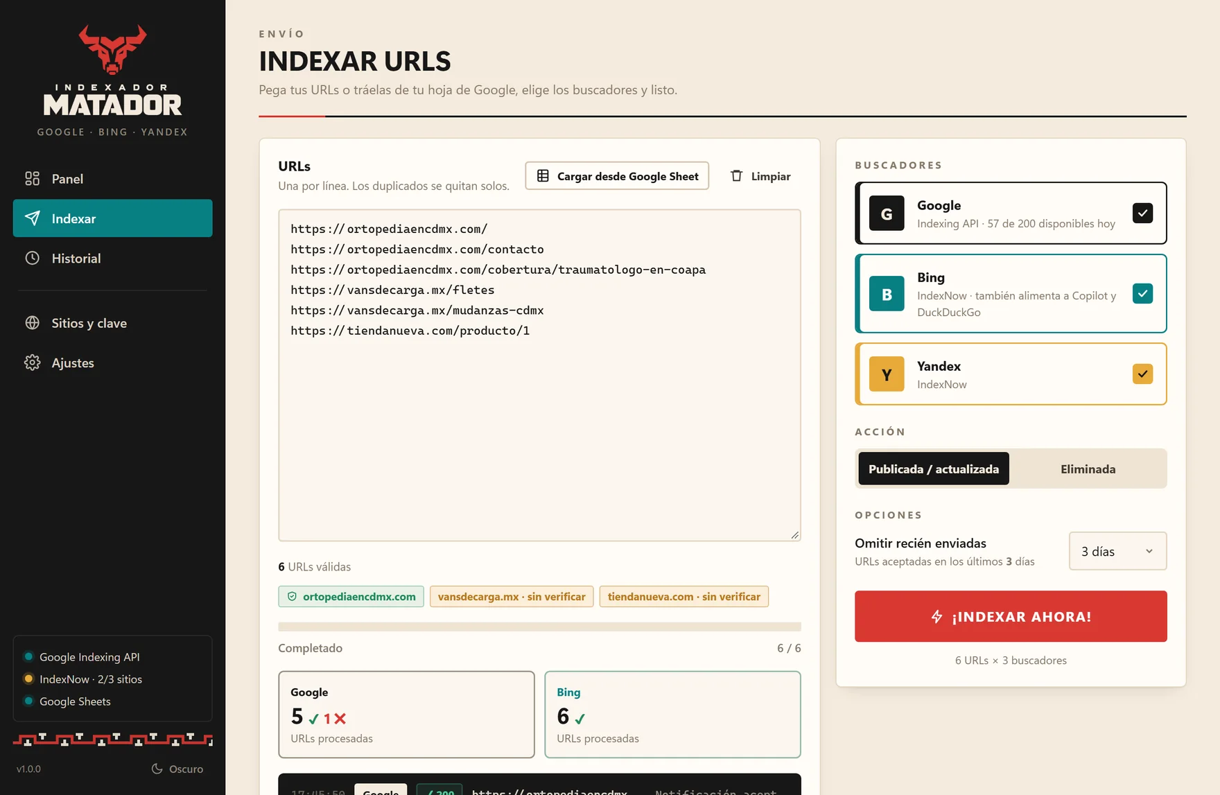Pantalla Indexar URLs con casillas para Google, Bing y Yandex y registro en vivo